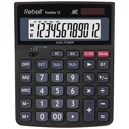 Rebell Panther 12 BX Desktop Calculator, 12 Digit, Solar and Battery Power, Grey