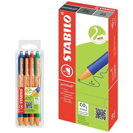 Stabilo Pointball Retrct Pen, Blue, Pack of 10 - Get Stabilo Pointball Ballpoint Pen, Retractable, Assorted, Pack of 4 Free