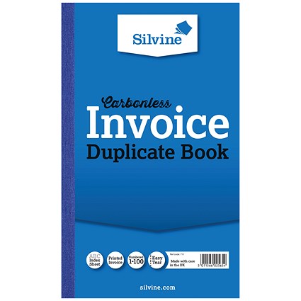 Silvine Carbonless Duplicate Invoice Book, 100 Sets, 210x127mm, Pack of 6