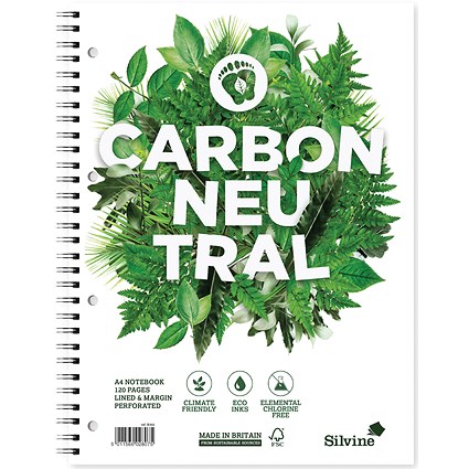 Silvine Carbon Neutral Notebook, A4, Ruled & Perforated, 120 Pages, White, Pack of 5