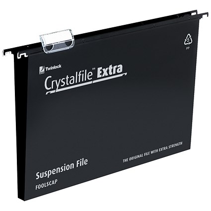Rexel Crystalfile Extra Polypropylene Suspension Files, Square Base, Foolscap, Black, Pack of 25