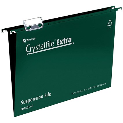 Rexel Crystalfile Extra Polypropylene Suspension Files, V Base, Foolscap, Green, Pack of 25