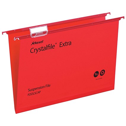 Rexel Crystalfile Extra Polypropylene Suspension Files, V Base, Foolscap, Red, Pack of 25