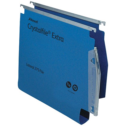 Rexel Crystalfile Extra Polypropylene Lateral Suspension Files, Plastic, 275mm Width, 30mm Square Base, Blue, Pack of 25
