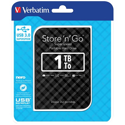 Verbatim Store 'n' Go USB 3.0 Portable Hard Drive, 1TB, Black Chequers