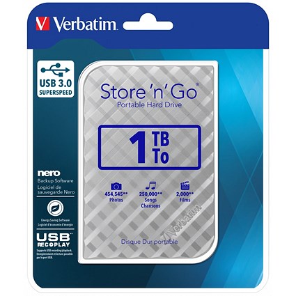 Verbatim Store 'n' Go USB 3.0 Portable Hard Drive, 1TB, Silver Chequers