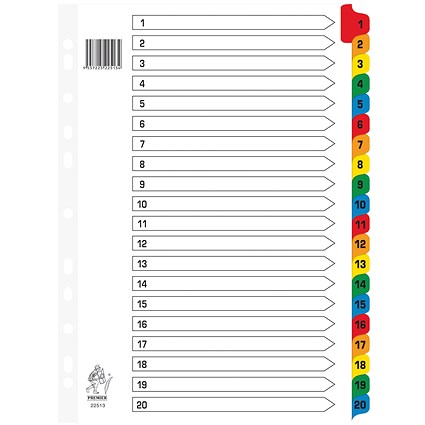Everyday Reinforced Board Index Dividers, 1-20, Multicolour Tabs, A4, White