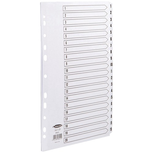 Concord Commercial File Dividers / 1-20 / Clear Tabs / A4 / White