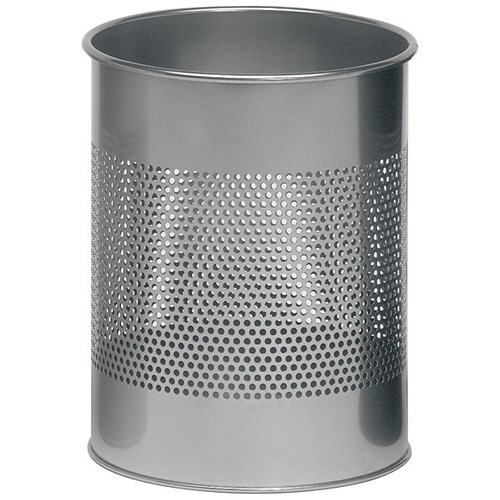 Durable Round Bin / Metal / 165mm Perforated / 15 Litres / Metallic Silver