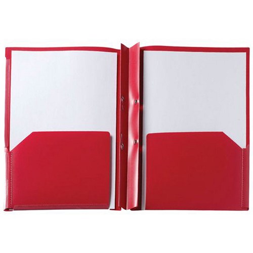 red plastic pocket folder with prongs