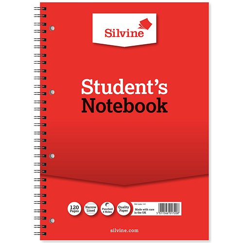 Silvine Student Spiral Wirebound Notebook / A4 / Ruled / Punched / 120