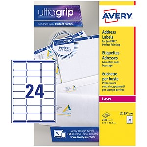 Image of Avery Addressing Labels Laser Jam-free 24 per Sheet 63.5x33.9mm White Ref L7159-100 [2400 Labels]