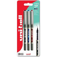 Uni-Ball EYE Fine UB-157 Rollerball Pen 0.7mm Tip Black/Blue/Red Blister Pack Plastic Free Packaging (Pack 3) -