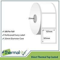 Thermalrite Direct Thermal Labels,101x101mm, 25mm core, 500 Labels per Roll, Pack of 20