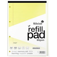 Silvine SEN Refill Pad, A4, Ruled With Margin, Tinted Coloured Papers, 100 Pages, Yellow, Pack of 6