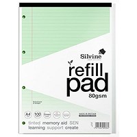 Silvine SEN Refill Pad, A4, Ruled With Margin, Tinted Coloured Papers, 100 Pages, Green, Pack of 6