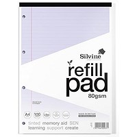 Silvine SEN Refill Pad, A4, Ruled With Margin, Tinted Coloured Papers, 100 Pages, Lilac, Pack of 6