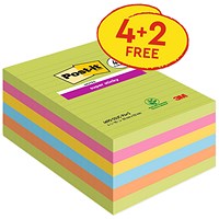 Post-it Super Sticky Large Notes Lined 101x152mm Assorted Colours Promo Pack 90 Sheets per Pad (Pack 4 + 2 Free) - 7100263461