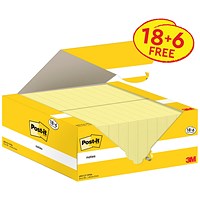 Post-it Notes 38x51mm Canary Yellow Promo Pack 100 Sheets per Pad (Pack 18 + 6 Free) - 7100317764