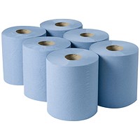 2Work 3-Ply Centrefeed Roll, 135m, Blue, Pack of 6