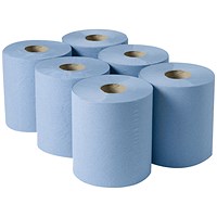 2Work 3-Ply Centrefeed Roll 135m, Blue, Pack of 6