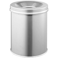 Durable Fire Extinguishing Metal Waste Bin, TUV Certified, 15L, Silver Durable Fire Extinguishing Metal Waste Bin, TUV Certified, 15L, Silver