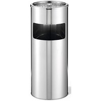 Durable Round Metal Waste Bin with Sand Ashtray, 17 Litre Bin/2 Litre Ashtray, Silver