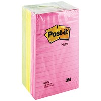 Post-it Notes Feint Ruled, 102 x 152mm, Rainbow Colours, Pack of 6 x 100 Notes