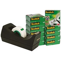 Scotch Magic Tape, 19mm x 33m, Pack of 12, with Free Dispenser