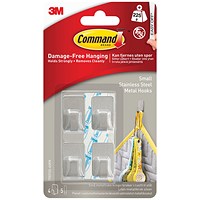 Command Small Stainless Steel Metal Hooks With Command Adhesive Strips, Pack of 4 Command Small Stainless Steel Metal Hooks With Command Adhesive Strips, Pack of 4