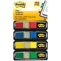 Post-it Repositionable Index Flags, 12 x 43mm, Assorted, Pack of 140(35 of each colour)