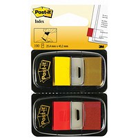 Post-it Index Tabs Dispenser with Red and Yellow Tabs, 25 x 43mm, Pack of 2(100 Flags in total)