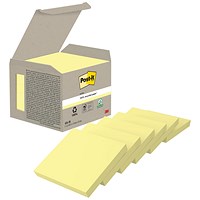 Post-it Recycled Notes, 76 x 76mm, Canary Yellow, Pack of 6 x 100 Notes