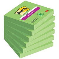 Post-it Super Sticky Notes, 76 x 76mm, Green, Pack of 6 x 90 Notes