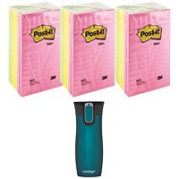 Post-it Notes Feint Ruled, 102 x 152mm, Rainbow Colours, Pack of 6 x 100 Notes - Buy 3 Get Free Travel Mug