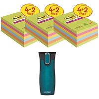 Post-it Super Sticky Notes, 101x152mm, Bright Rainbow, Pack 6 x 90 Notes - Buy 3 Get Free Travel Mug