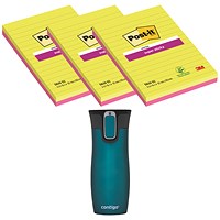 Post-it Super Sticky Ruled Notes, 102 x 152mm, Ultra Assorted, Pack of 3 x 90 Notes - Buy 3 Get Free Travel Mug