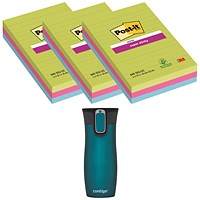 Post-it Notes Super Sticky Ruled Notes, 127 x 203mm, Ultra, Pack of 2 x 45 Notes - Buy 3 Get Free Travel Mug
