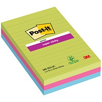 Post-it Super Sticky Ruled Notes, 102 x 152mm, Ultra Assorted, Pack of 3 x 90 Notes