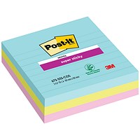 Post-it Super Sticky XL Ruled Notes, 101 x 101mm, Miami, Pack of 3 x 70 Notes