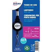 Avery Lanyard Black 40 x 1cm with 60cm Reel (Pack 10) - 4830