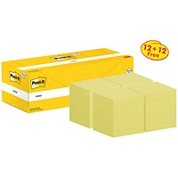 Post-it Notes Value Pack 76 mm x 76 mm 12 pads + 12 FREE Canary Yellow (Pack 24) - 7100290172