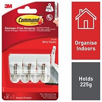 Command Small Wire Hooks With Command Adhesive Strips, White, Pack of 3