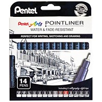 Pentel Pointliner Pigment Pens, Assorted Sizes, Assorted Colours, Pack of 14