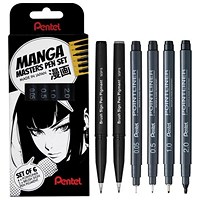 Pentel Manga Master Pointliner and Brush Sign Pen Set, Assorted Sizes, Black and Grey, Pack of 6 Pentel Manga Master Pointliner and Brush Sign Pen Set, Assorted Sizes, Black and Grey, Pack of 6
