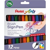 Pentel Arts Brush Sign Pen, Assorted Original Colours, Pack of 12
