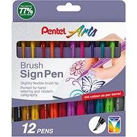 Pentel Arts Brush Sign Pen, Assorted Trend Colours. Pack of 12