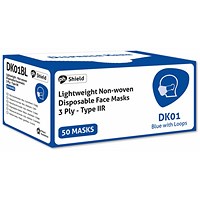 Shield Facemask 3 Ply Type 11R Ear Loops Disposable Masks, Blue, Pack of 50 Shield Facemask 3 Ply Type 11R Ear Loops Disposable Masks, Blue, Pack of 50