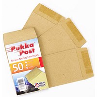 Pukka Post & Packaging Money Envelopes, Gummed, 80gsm, 100mmx62mm, Manilla, Pack of 50