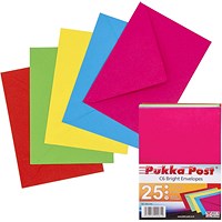 Pukka Post & Packaging C6 Envelopes, Plain, Gummed, 100gsm, Bright Assorted Colours, Pack of 25